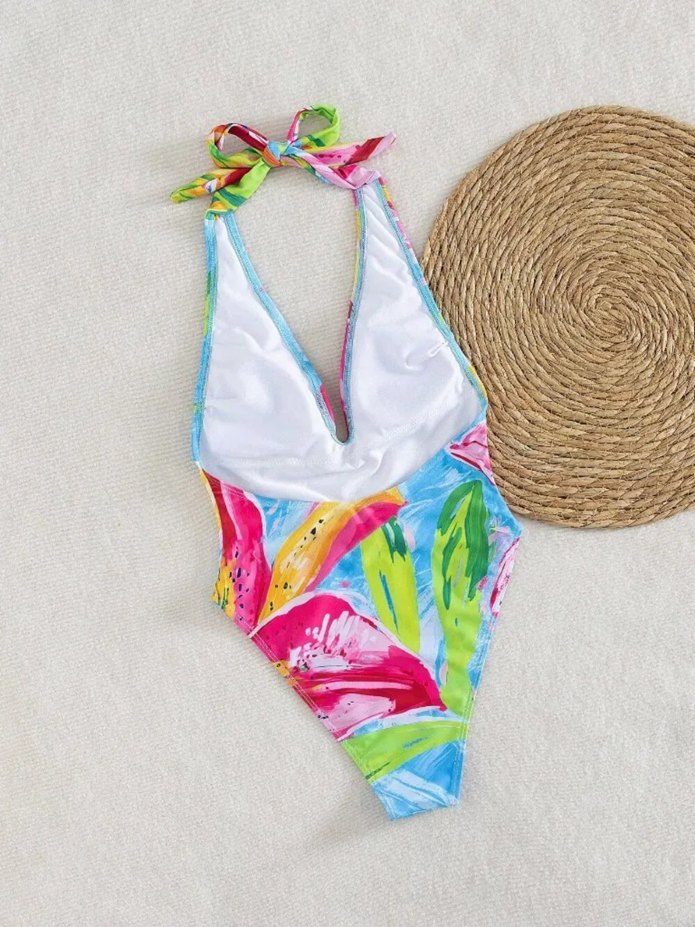 Multicolor Boho Sexy V-Neck Floral Print Halter Women's One-Piece Swimsuit